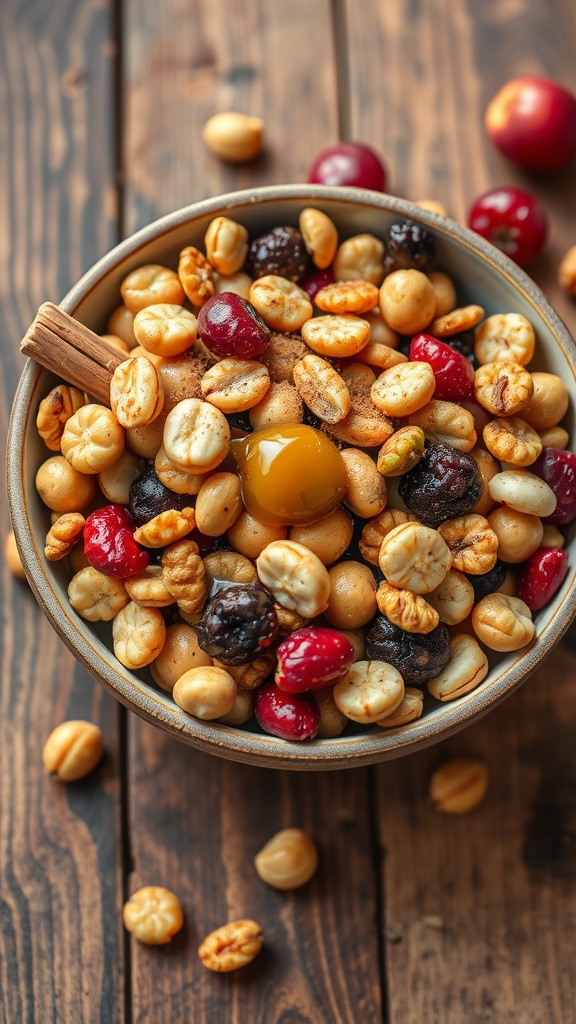 A vibrant bowl of mixed nuts and dried fruits, drizzled with honey, on a rustic wooden table.